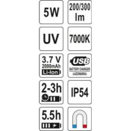 LED фенерче YATO, 5W, COB, UV, 300 lm, USB
