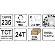 Карбиден диск за циркуляр, за рязане на дърво YATO, Ф 235 x 25.4, T 24