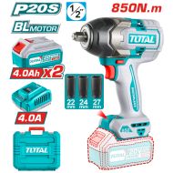 Акумулаторен ударен безчетков гайковерт TOTAL INDUSTRIAL, 20 V, 2 x 4 Ah