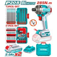 Акумулаторен ударен безчетков винтоверт TOTAL INDUSTRIAL, 1/4", 20 V, 285 Nm, 2 x 2 Ah + битове